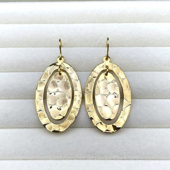 Yellow Gold Hammered Double Oval Shiny Dangling Drop Hook Earrings - Picture 3 of 8